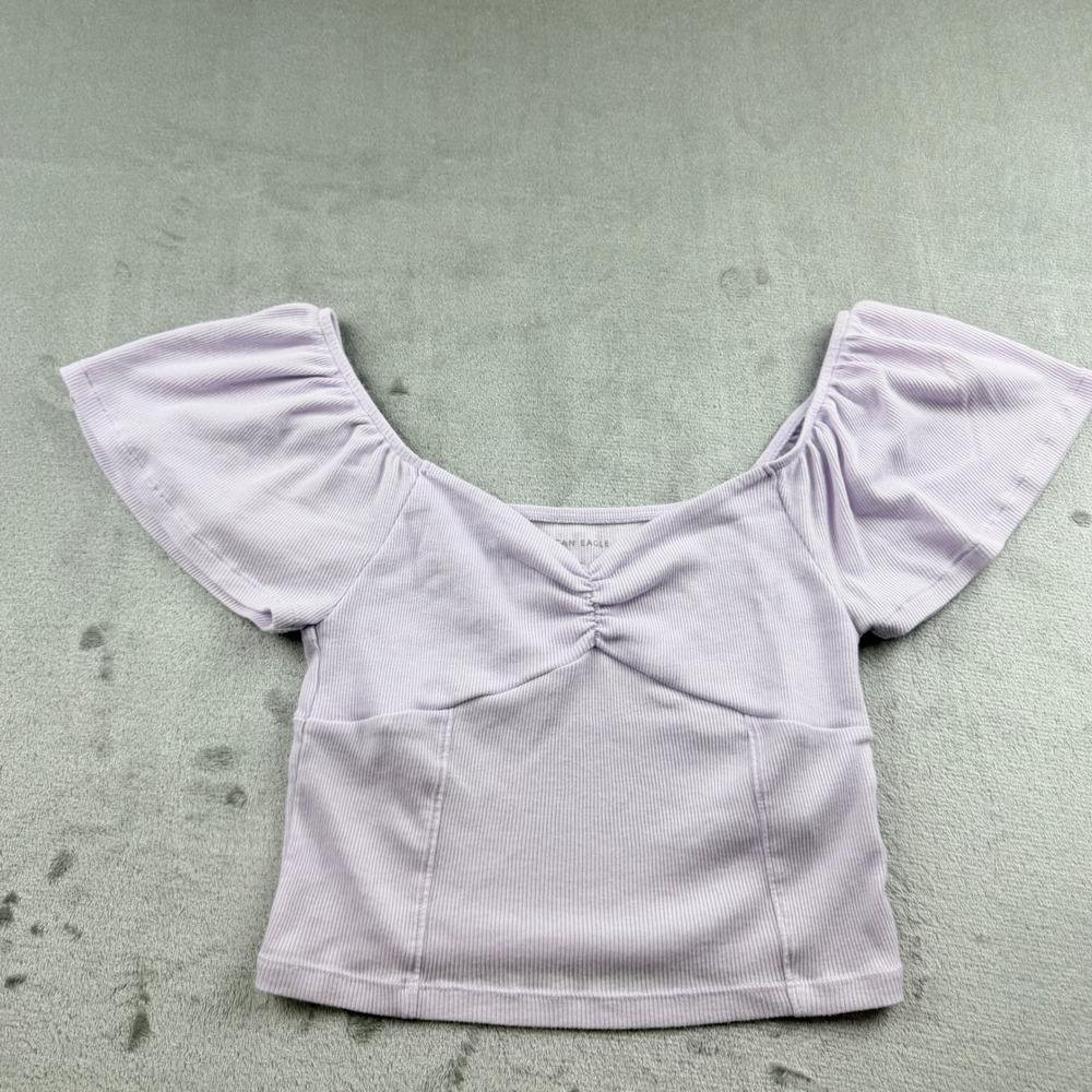 American Eagle Women's XS Lavender Ribbed‎ Flutter Sleeve Crop Top